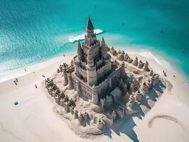 Drone aerial view of intricate sandcastle on turquoise beach with ocean backdrop - photo