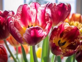 Vibrant Tulip Bouquet Close-Up with Red, Pink, and Yellow Petals on Sunny Day with Blurred Background and Delicate Texture - photo