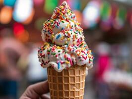 Melting ice cream cone with colorful sprinkles on hot summer day, close-up shot with shallow depth of field and blurred background - AI generated photo