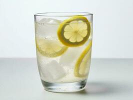 Refreshing glass of lemonade with ice cubes and lemon slices on white background - AI generated photo