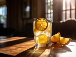 Glass of Lemonade on Wooden Table with Ice Cubes, Lemon Slices, Sunlight, Refreshing Drink, Blurred Background - AI generated photo