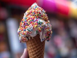 A Close-Up Look at a Melting Ice Cream Cone on a Hot Summer Day - AI generated photo