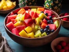 Juicy Delight - A Mouthwatering Fruit Salad in Close-Up - AI generated photo