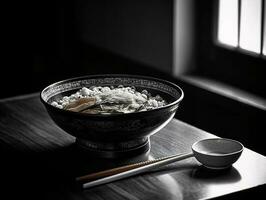 Solitary Ramen Bowl with Chopsticks - Black and White Photography - AI generated photo