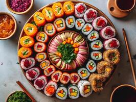 Sushi Platter with Colorful Rolls on Marble Surface with Natural Light - photo