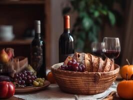 Table centerpiece, bread basket, red wine bottle, rustic wooden table, vegetables, close-up shot, blurred background. - photo