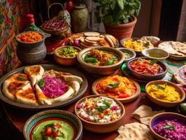 Vibrant Mediterranean Mezze Platters with Grilled Meats, Fresh Pita Bread, and Colorful Dips in a Bazaar Setting - photo