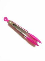 Metal kitchen tongs with pink silicone parts photo