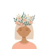 joven mujer con flores en su cabeza. positivo pensando y mental salud concepto vector
