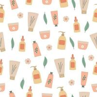 Natural organic cosmetic products seamless pattern. Pastel color products, leaves and flowers on white background vector