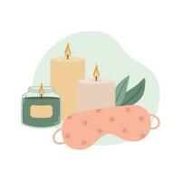 Set of burning candles and sleeping mask. Doodle style. Template for relax and spa design vector