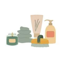 Natural organic cosmetic products for massage. Lotion, tube, brush and candle vector