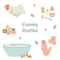 Evening routine elements set. Books, fitness clothes, bathtub, candles, beauty care cosmetic products vector