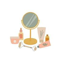 natural orgánico cosmético productos cara crema, tubos, cara rodillo, botellas y espejo vector