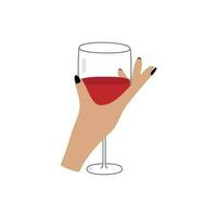 Female hand holds glass of wine. Cocktail, fresh beverage, juice. Hand drawn cartoon style vector