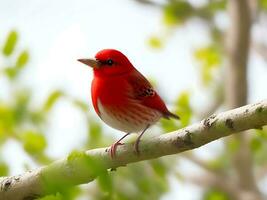atención selectivo Disparo de un pequeño rojo pájaro sentado en un rama foto