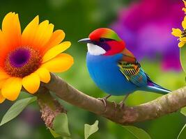 A colorful bird sits on a flower ai generated photo