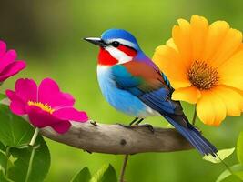 A colorful bird sits on a flower ai generated photo