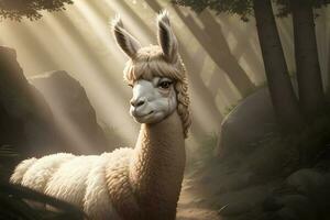 Llama in the forest, cinematic lighting. AI generative. photo