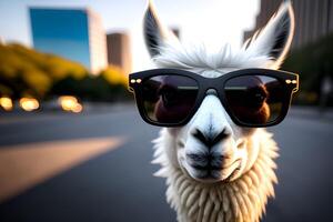 Close up of a llama with a sunglasses, sunny day. AI generative. photo