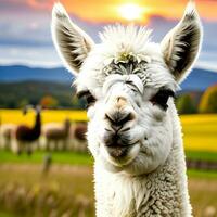 A llama portrait, village background. AI generative. photo