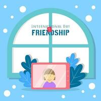 International Day of Friendship with a video call from a friend using a tablet next to the window vector