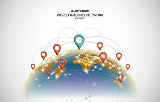 World map technology internet network with Pin point. vector