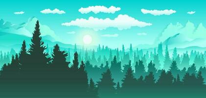 Vector panoramic landscape of forest with green and blue silhouettes of pine trees.