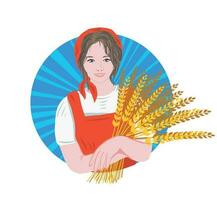 Farmer girl woman with wheat on sky background logo hand drawn.Vector illustration. vector