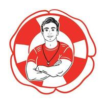 Rescuer lifeguard man on the background of the lifebuoy, logo.Hand drawn lifeguard image in doodle and color.Vector illustration vector