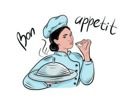 hermosa morena niña cocinero cocinar en uniforme participación un plato en su manos y demostración delicias.vector ilustración. vector