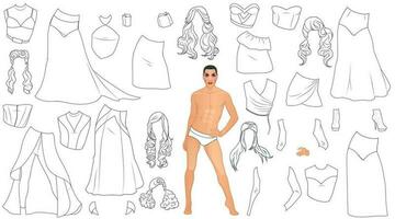 Drag Queen Coloring Page Paper Doll with Outfits and Hairstyles. Vector Illustration