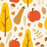 Vector seamless autumn pattern. Collection of doodle icons of yellow dry fallen tree leaves, apples and pumpkins, forest twigs and mushrooms.