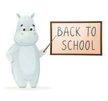 Cute student hippo with a pointer near the blackboard, vector isolated cartoon illustration, back to school design element.