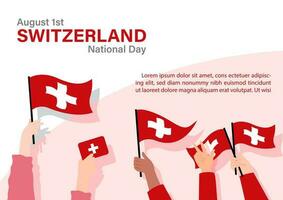 Hands of human in cartoon character holding Switzerland small flags  with the day and name of event, example texts on white and red background. vector