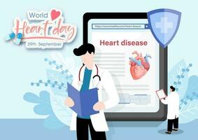 Doctor in cartoon character with giant information of heart disease clipboard and example texts on  blue plants background. World heart day's poster campaign in flat style and vector design.