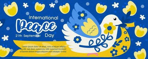 White pigeon with flowers pattern and the day and name of event, example texts on flowers and blue background. Poster's concept of Peace day theme color of Ukraine flag campaign in vector design.