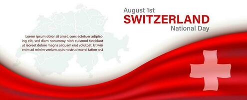 Closeup and crop of The Switzerland flag with the day and name of event, example texts on the map of Switzerland isolated on white background. vector