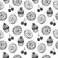 Donats, cupcake and cherry. Seamless pattern. Ink sketches on white background. Hand drawn vector illustration. Retro style.