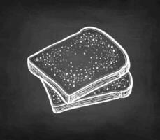 Two slices of toasted bread. Chalk sketch on blackboard background. Hand drawn vector illustration. Vintage style stroke drawing.