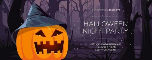 Happy Halloween horror night party banner with spooky pumpkin in witch hat. Horizontal art poster scary face Jack-o-lantern in moonlight forest. Holiday promo artwork flyer. Typography vector print