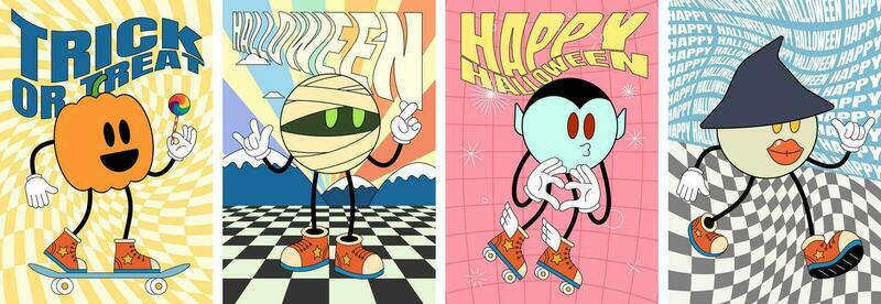 Retro groovy Happy Halloween party art poster set. Pumpkin, mummy, vampire and witch holiday characters on crazy hippy placard. Hippie abstract October 31 festive event flyer. Trendy y2k pop design