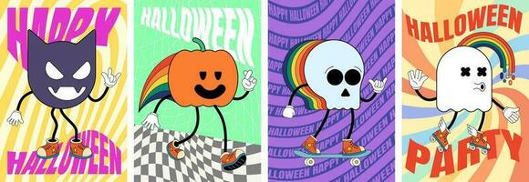 Retro groovy Happy Halloween night party art poster set. Funky pumpkin, skull, bat and ghost holiday characters on crazy hippy placard. Psychedelic hippie abstract print. Trendy y2k pop culture design vector