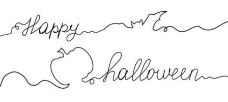 Happy Halloween. Single line. One line continuous text outline vector line art illustration, Happy Halloween text and bat, pumpkin