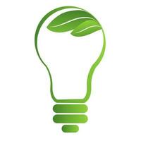 verde energía logo, incandescente eléctrico ligero bulbo con verde hojas, símbolo de limpiar energía, reciclaje y naturaleza conservación. vector ilustración aislado en blanco o transparente antecedentes