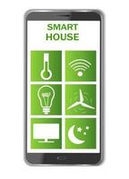 Smartphone with open mobile application smart home, with buttons, remote control. Icon set, smart home symbol, buttons on green background. For computer, for smartphone programs and applications. vector