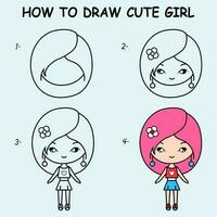 Step by step to draw a cute girl. Drawing tutorial a cute girl. Drawing lesson for children. Vector illustration