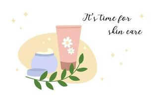 Its time for skin care card, poster, banner with text. Vector illustration of cute hand drawn organic cosmetic products. Skincare concept