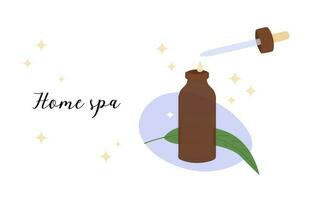 Home spa concept. Facial serum and natural leaf. Skincare product. Vector illustration of organic cosmetics