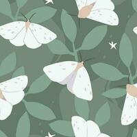 Seamless pattern with butterflies, moths, leaves. Summer floral abstract print. Vector graphics.